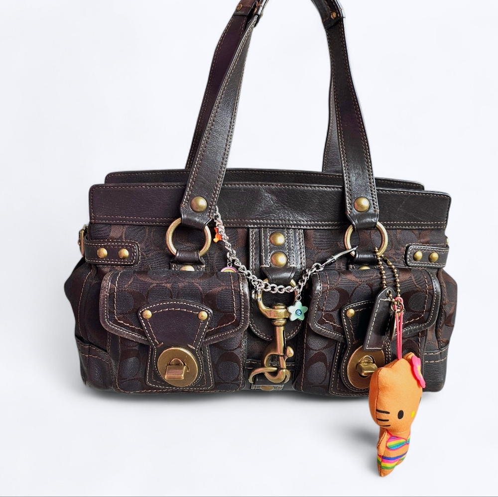 Coach Brown Signature Legacy Mandy Double Turnlock Satchel Shoulder Bag 11143
